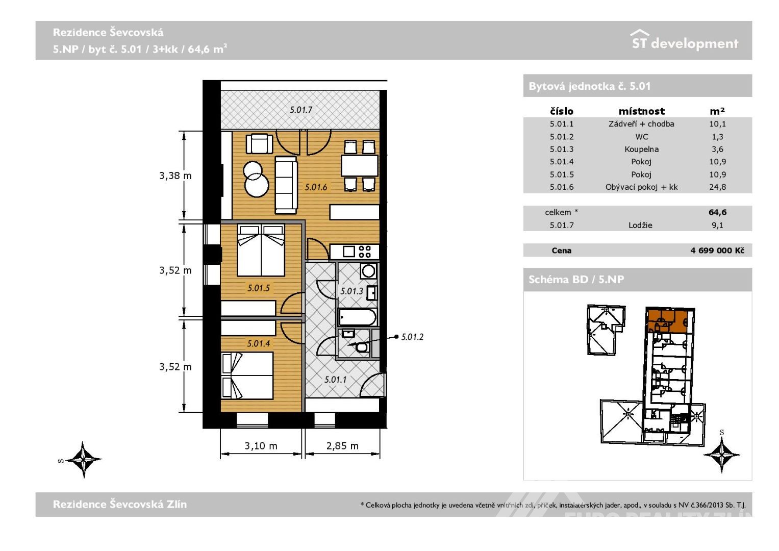 3+KK REZIDENCE ŠEVCOVSKÁ 64,6m2+ LODŽIE 9m2
