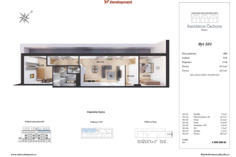3+KK REZIDENCE ČECHOVA PŘEROV 69m2 + TERASA 28m2