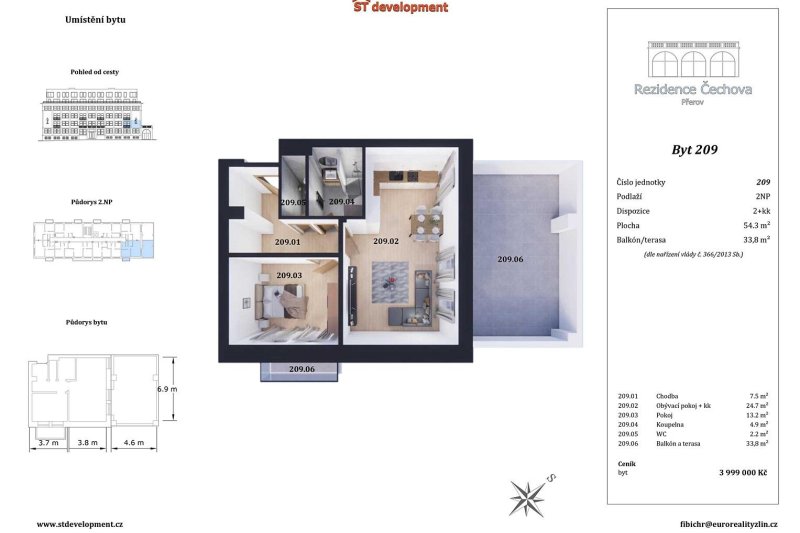 2+KK REZIDENCE ČECHOVA PŘEROV 54m2 + TERASA 33m2