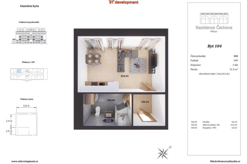 PRONÁJEM BYTU 1+KK REZIDENCE ČECHOVA PŘEROV, č.104